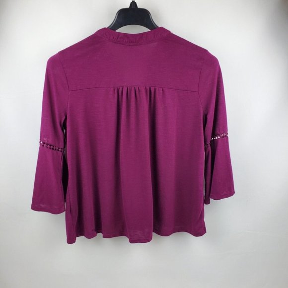 Cato Womens Burgundy 3/4 Bell Sleeve Pullover Blouse Crochet Accent Size Large - Picture 2 of 7